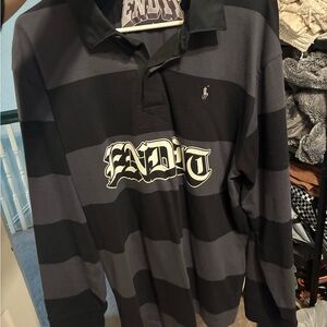 End it Men's Black and Gray Striped Polo Shirt